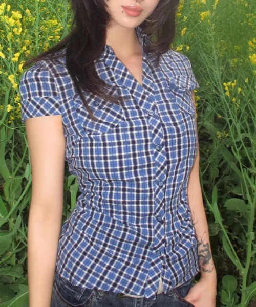 Vipoa(ヴィポア)の「レトロブルーチェックシャツ(シャツ/ブラウス・レディース・ブルー・FREE)」の11枚目の写真
