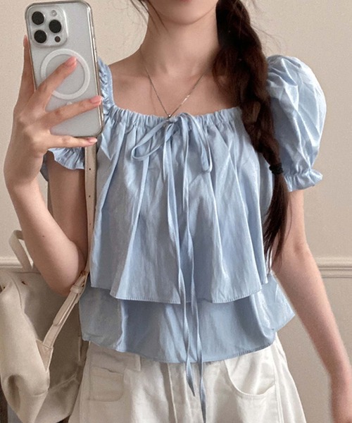 LAFFMO(ラフモ)の「2wayネックパフスリーブティアードブラウス(シャツ/ブラウス・レディース・ブルー/ホワイト/ピンク/ベージュ・F)」の3枚目の写真