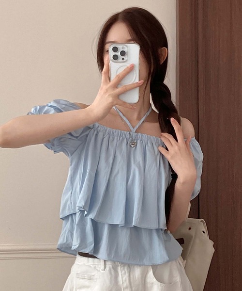 LAFFMO(ラフモ)の「2wayネックパフスリーブティアードブラウス(シャツ/ブラウス・レディース・ブルー/ホワイト/ピンク/ベージュ・F)」の13枚目の写真