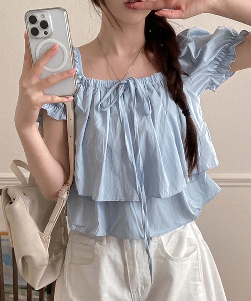 LAFFMO(ラフモ)の「2wayネックパフスリーブティアードブラウス(シャツ/ブラウス・レディース・ブルー/ホワイト/ピンク/ベージュ・F)」の14枚目の写真