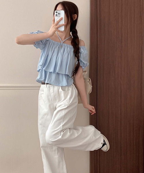 LAFFMO(ラフモ)の「2wayネックパフスリーブティアードブラウス(シャツ/ブラウス・レディース・ブルー/ホワイト/ピンク/ベージュ・F)」の15枚目の写真