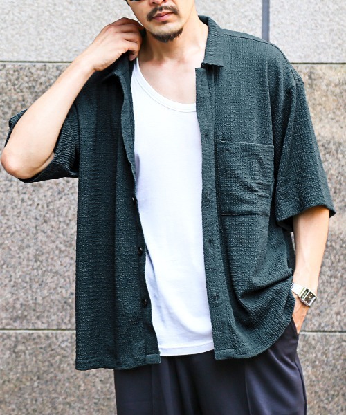 LUXSTYLE（ラグスタイル）の「楊柳半袖シャツ（シャツ/ブラウス・メンズ・ブラック/アッシュブラウン/ブルーグリーン・M/L）」の3枚目の写真