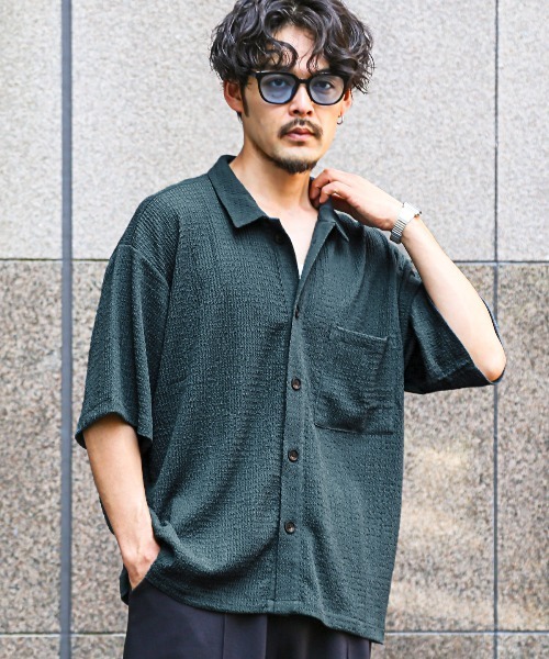 LUXSTYLE（ラグスタイル）の「楊柳半袖シャツ（シャツ/ブラウス・メンズ・ブラック/アッシュブラウン/ブルーグリーン・M/L）」の4枚目の写真