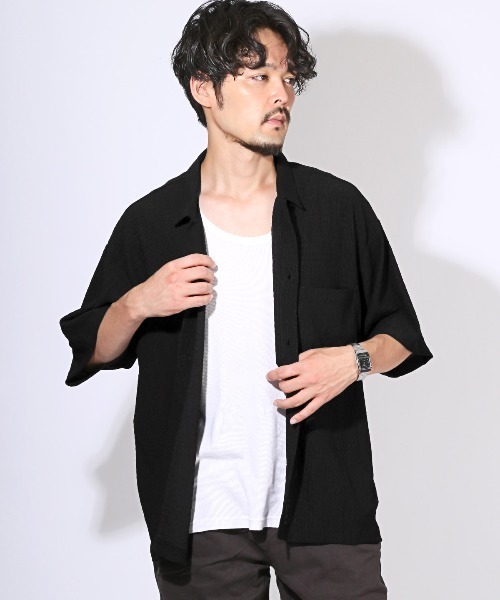 LUXSTYLE（ラグスタイル）の「楊柳半袖シャツ（シャツ/ブラウス・メンズ・ブラック/アッシュブラウン/ブルーグリーン・M/L）」の6枚目の写真