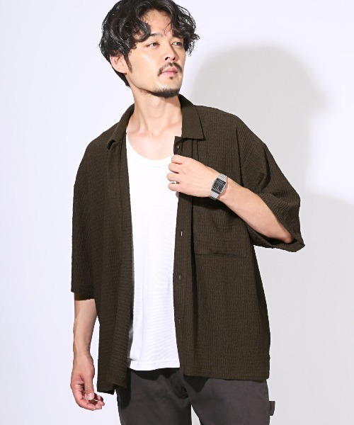 LUXSTYLE（ラグスタイル）の「楊柳半袖シャツ（シャツ/ブラウス・メンズ・ブラック/アッシュブラウン/ブルーグリーン・M/L）」の8枚目の写真