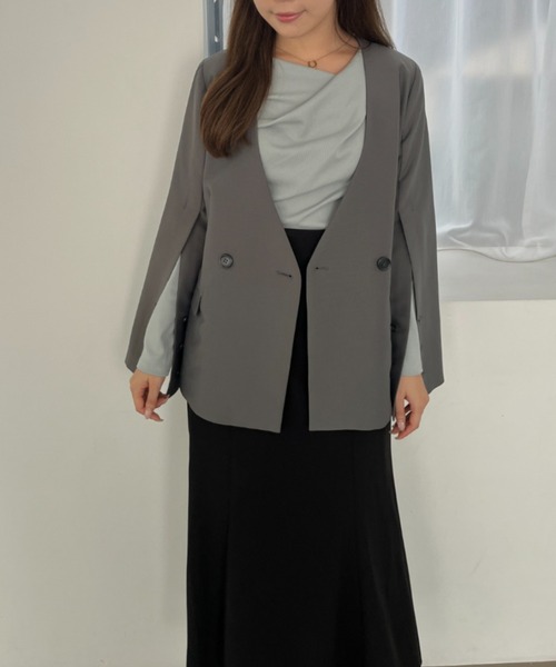 セール】2025秋冬新作 スリットスリーブVネックジャケット（ノーカラー