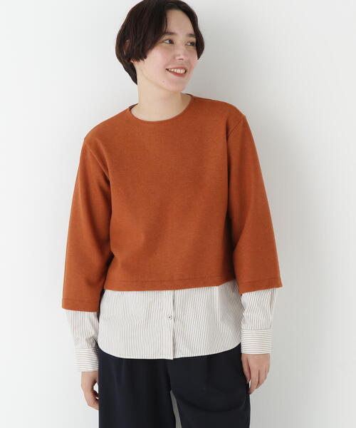 human woman(ヒューマンウーマン)の「◆シャツドッキングミルドジャージープルオーバー(Tシャツ/カットソー・レディース・ブラウン系その他/オレンジ/ネイビー・MEDIUM)」の3枚目の写真