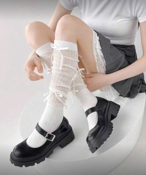 IZU】 リボン付きニーハイソックス レイヤード風くしゅくしゅリブ