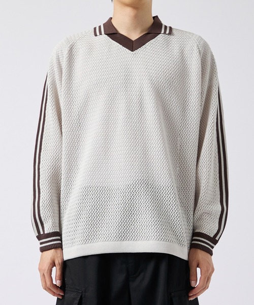 CITY TOKYO(シティトウキョウ)の「【CITY TOKYO/シティートーキョー】Mesh knit game shirt(ニット/セーター・メンズ・グレイッシュベージュ/ダークブルー・2/1)」の4枚目の写真