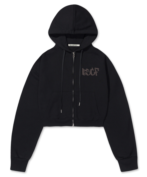 ESCF ABOUT US Print Crop Hooded Zip-Up Black
