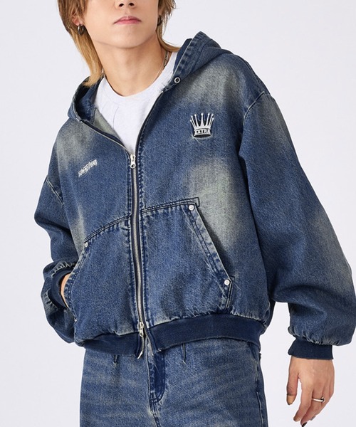 RE730（アールイーセブンサーティー）の「古着風ビンテージデニムパーカー（ブルゾン・メンズ・ブルー/ブラック/サックスブルー・MEDIUM/LARGE）」の3枚目の写真