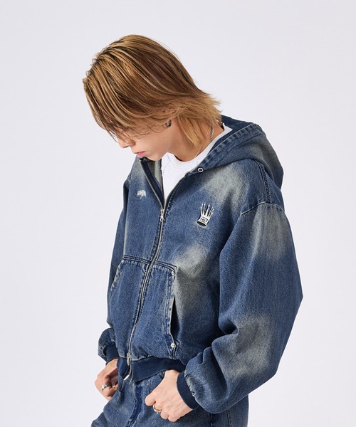 RE730（アールイーセブンサーティー）の「古着風ビンテージデニムパーカー（ブルゾン・メンズ・ブルー/ブラック/サックスブルー・MEDIUM/LARGE）」の6枚目の写真