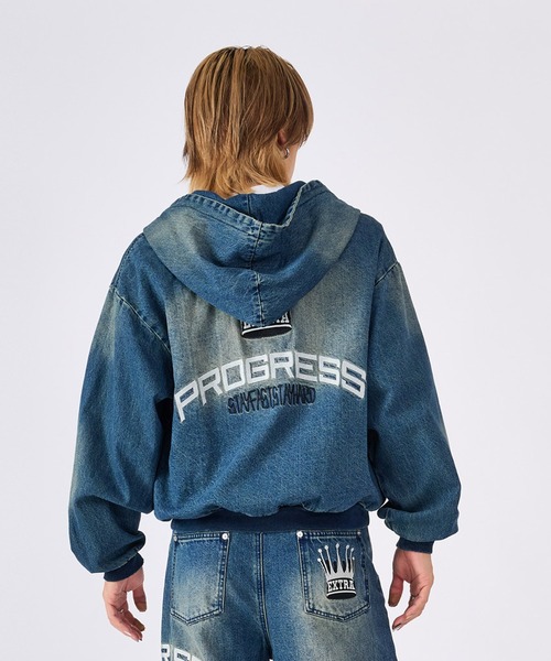 RE730（アールイーセブンサーティー）の「古着風ビンテージデニムパーカー（ブルゾン・メンズ・ブルー/ブラック/サックスブルー・MEDIUM/LARGE）」の7枚目の写真