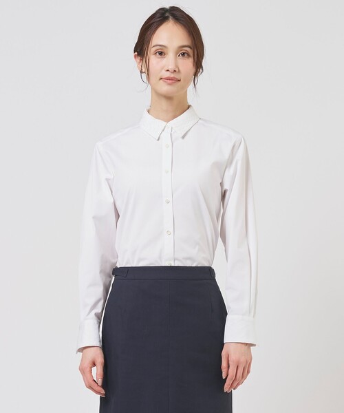 J.PRESS Ladies(J.プレス レディス)の「【WEB限定カラーあり・2way】エステネージュ TYPEWRITER STRIPE シャツ(シャツ/ブラウス・レディース・ホワイト系/サックスブルー系1/ネイビー系1・XS)」の1枚目の写真