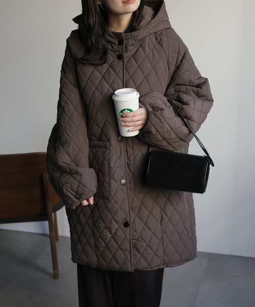 our 中綿キルティングコート チャコールブラウン セール】中綿キルティングコート/フード付き《動画あり》（その他