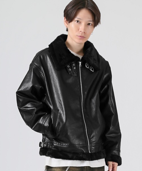 LUXSTYLE(ラグスタイル)の「PUレザーB3フライトジャケット(ミリタリージャケット・メンズ・ブラック×ブラック/ホワイト×ブラック・M/L)」の6枚目の写真