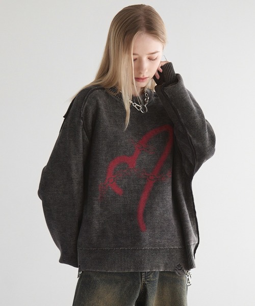 Spielio（シュピーリオ）の「【Spielio】Heart chain spray knit / ハートチェーンスプレーニット（ニット/セーター・メンズ・ブラック/グレー・S/M/L）」の2枚目の写真