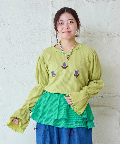 MARKEY'S(マーキーズ)の「スモッキングスリーブワッフルカットソー/おとな(Tシャツ/カットソー・レディース・イエロー/オフホワイト/グレー・160cm)」の1枚目の写真