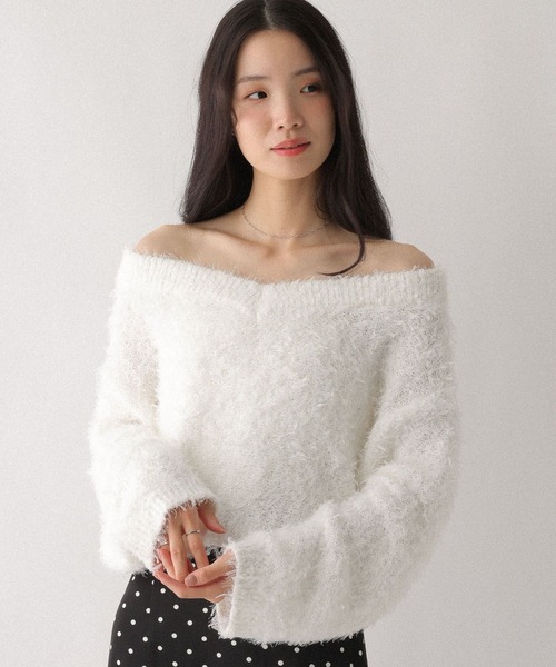 Heather(ヘザー)の「チュールヤーンオフショルニット 639617(ニット/セーター・レディース・オフホワイト/グレー/ピンク・FREE)」の2枚目の写真