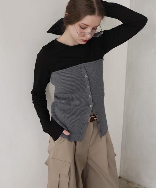 Mili affinity(ミリアフィニティー)の「リブニットビスチェデザイン長袖Tシャツ(ニット/セーター・レディース・ブラック×グレー/ホワイト×ブラック/グレー系/ホワイト×グレー・FREE)」の6枚目の写真