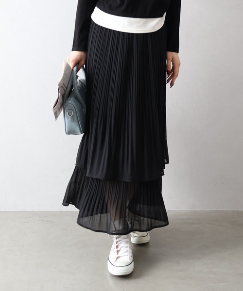 SpRay（スプレイ）の「シアープリーツティアードスカート（スカート・レディース・ブラック/アイボリー・FREE）」の4枚目の写真