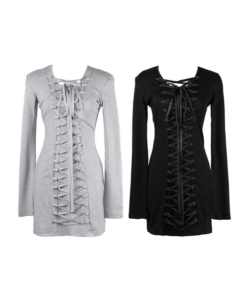 me+em select(ミームセレクト)の「【 2WAY /2color 】レースアップコルセットリボンチョーカーミニワンピース / lace up corset ribbon choker mini onepiece(ワンピース・レディース・ブラック/グレー・FREE)」の4枚目の写真