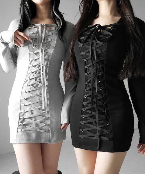 me+em select(ミームセレクト)の「【 2WAY /2color 】レースアップコルセットリボンチョーカーミニワンピース / lace up corset ribbon choker mini onepiece(ワンピース・レディース・ブラック/グレー・FREE)」の6枚目の写真