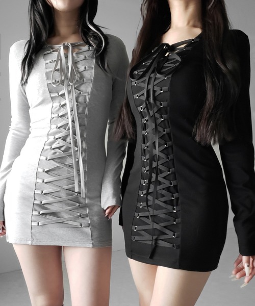 me+em select(ミームセレクト)の「【 2WAY /2color 】レースアップコルセットリボンチョーカーミニワンピース / lace up corset ribbon choker mini onepiece(ワンピース・レディース・ブラック/グレー・FREE)」の5枚目の写真