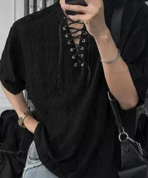 lilful（リルフル）の「【26年春夏新作】シアージャガード透かし網レースアップTシャツ（Tシャツ/カットソー・メンズ・ブラック/ホワイト・M/L）」の7枚目の写真
