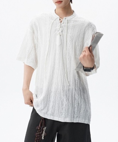 lilful（リルフル）の「【26年春夏新作】シアージャガード透かし網レースアップTシャツ（Tシャツ/カットソー・メンズ・ブラック/ホワイト・M/L）」の11枚目の写真