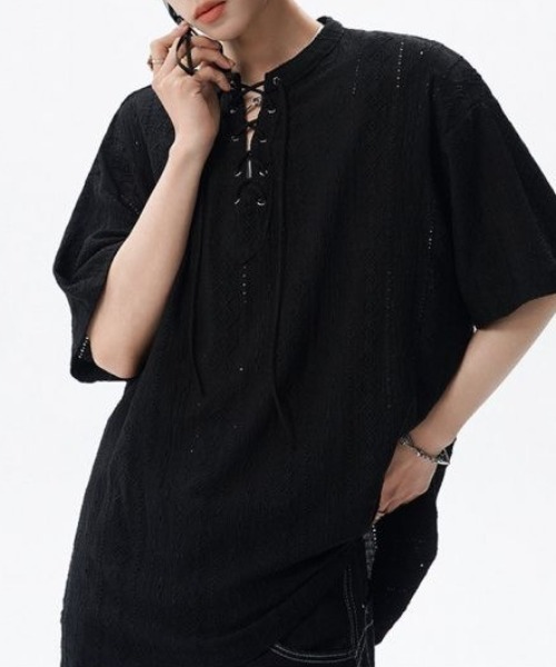 lilful（リルフル）の「【26年春夏新作】シアージャガード透かし網レースアップTシャツ（Tシャツ/カットソー・メンズ・ブラック/ホワイト・M/L）」の21枚目の写真