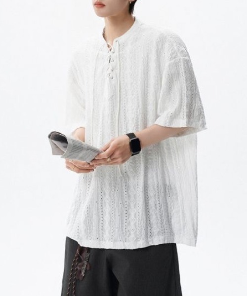 lilful（リルフル）の「【26年春夏新作】シアージャガード透かし網レースアップTシャツ（Tシャツ/カットソー・メンズ・ブラック/ホワイト・M/L）」の8枚目の写真