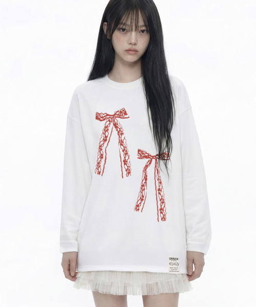 GRAVER（グレーバー）の「[ユニセックス]TWO RIBBONS ロングスリーブTシャツ_WHITE（Tシャツ/カットソー・レディース・ホワイト・MEDIUM/LARGE/SMALL）」の5枚目の写真