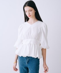 バルーンパフショルブラウス　春服　夏服　Vネック　シアーシャツ