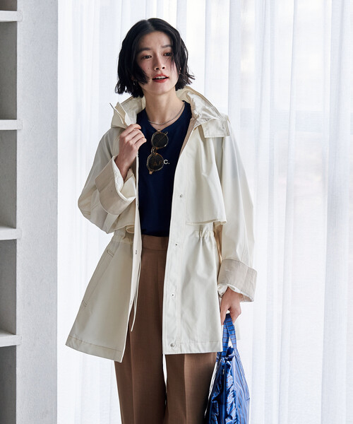 FREAK'S STORE（フリークスストア）の「2way 配色ステッチ フード付き ミニフレア トレンチコート/ハイネックショート丈 スプリングコート（トレンチコート・レディース・ネイビー/ベージュ/オフホワイト・ﾌﾘ-）」の2枚目の写真