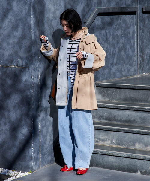 FREAK'S STORE（フリークスストア）の「2way 配色ステッチ フード付き ミニフレア トレンチコート/ハイネックショート丈 スプリングコート（トレンチコート・レディース・ネイビー/ベージュ/オフホワイト・ﾌﾘ-）」の7枚目の写真