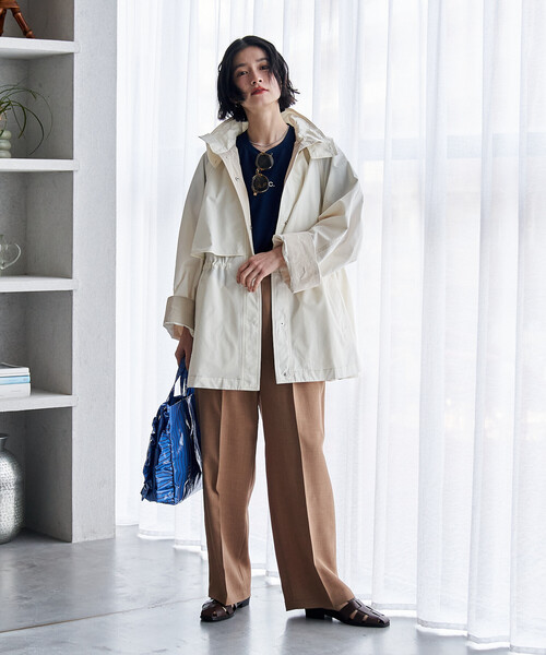 2way 配色ステッチ フード付き ミニフレア トレンチコート/ハイネック