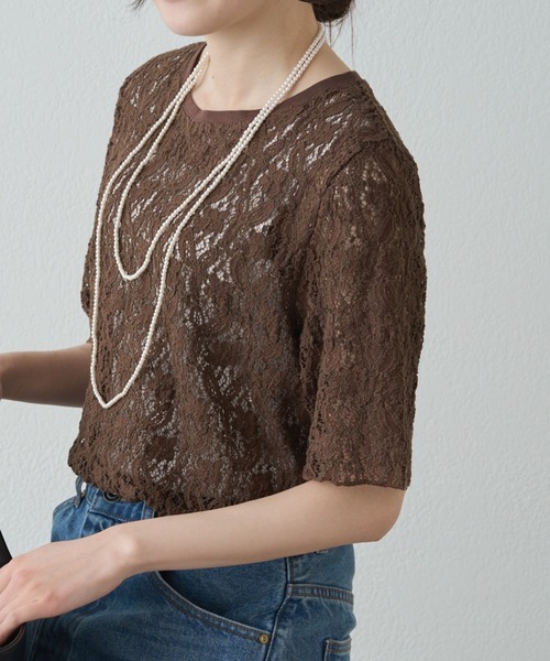 PUAL CE CIN（ピュアルセシン）の「ストレッチレースTシャツ（Tシャツ/カットソー・レディース・アイボリー/ブラウン/ブラック・FREE）」の3枚目の写真