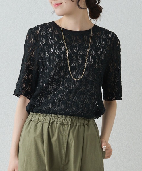 PUAL CE CIN（ピュアルセシン）の「ストレッチレースTシャツ（Tシャツ/カットソー・レディース・アイボリー/ブラウン/ブラック・FREE）」の2枚目の写真