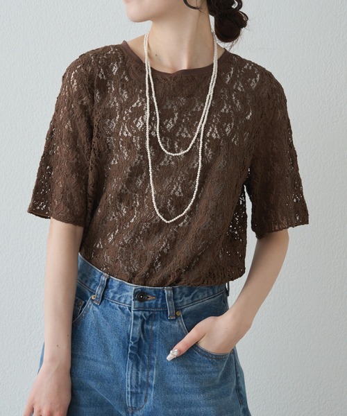 PUAL CE CIN(ピュアルセシン)の「ストレッチレースTシャツ(Tシャツ/カットソー・レディース・アイボリー/ブラウン/ブラック・FREE)」の22枚目の写真