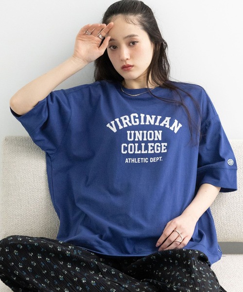 RAGEBLUE(レイジブルー)の「<DISCUS/ディスカス>カレッジBIGTシャツ(Tシャツ/カットソー・レディース・ブルー/ブラウン/ホワイト/イエロー/ラベンダー/ブラック・FREE)」の4枚目の写真