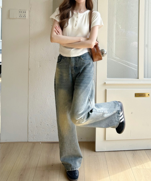 Ada.(エイダ)の「リングドットヘンリー ショート丈 半袖Tシャツ(Tシャツ/カットソー・レディース・ブラック/グレー/ホワイト/イエロー・FREE)」の6枚目の写真
