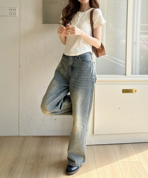 Ada.(エイダ)の「リングドットヘンリー ショート丈 半袖Tシャツ(Tシャツ/カットソー・レディース・ブラック/グレー/ホワイト/イエロー・FREE)」の7枚目の写真
