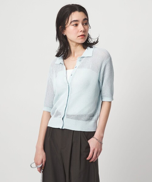 green label relaxing(グリーンレーベルリラクシング)の「メッシュ ポロカーディガン ニット ウォッシャブル(カーディガン/ボレロ・レディース・ダークブラウン/ライトブルー/ブラック/ナチュラル・FREE)」の4枚目の写真