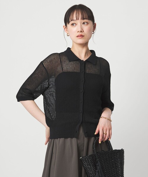 green label relaxing(グリーンレーベルリラクシング)の「メッシュ ポロカーディガン ニット ウォッシャブル(カーディガン/ボレロ・レディース・ダークブラウン/ライトブルー/ブラック/ナチュラル・FREE)」の2枚目の写真