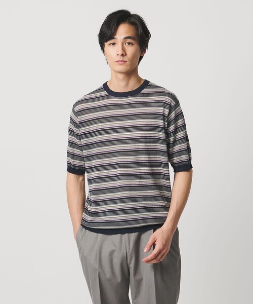 UNITED ARROWS（ユナイテッドアローズ）の「リネンコットン マルチボーダー ニット Tシャツ（Tシャツ/カットソー・メンズ・ネイビー/ベージュ・L/S/M）」の6枚目の写真
