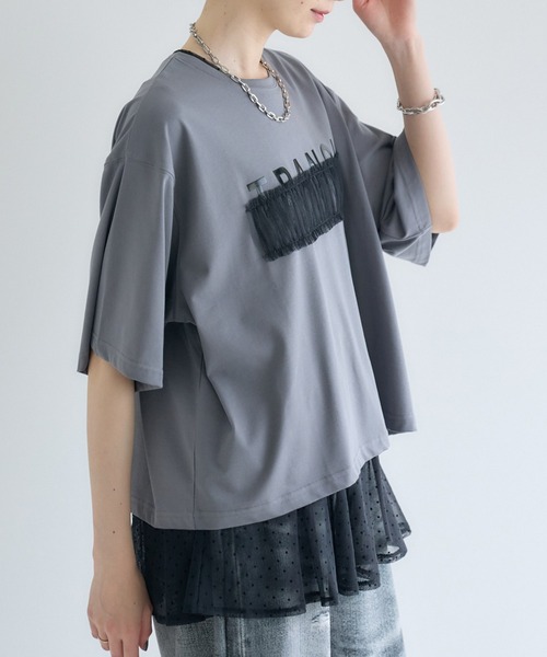 Paradise Picnic（パラダイスピクニック）の「TRANOI. チュールベアワイドTシャツ（Tシャツ/カットソー・レディース・チャコールグレー/ホワイト/カーキ/ブラック・FREE）」の4枚目の写真