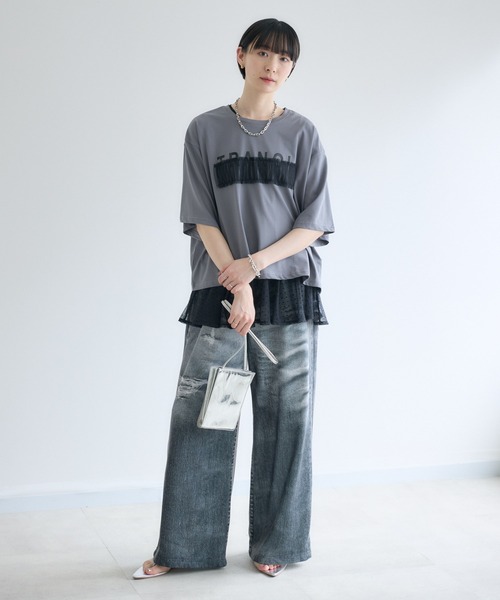 Paradise Picnic（パラダイスピクニック）の「TRANOI. チュールベアワイドTシャツ（Tシャツ/カットソー・レディース・チャコールグレー/ホワイト/カーキ/ブラック・FREE）」の18枚目の写真