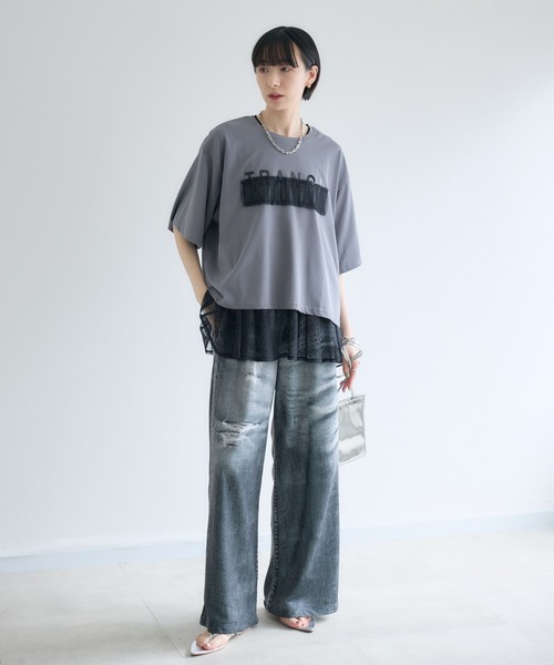 Paradise Picnic（パラダイスピクニック）の「TRANOI. チュールベアワイドTシャツ（Tシャツ/カットソー・レディース・チャコールグレー/ホワイト/カーキ/ブラック・FREE）」の19枚目の写真