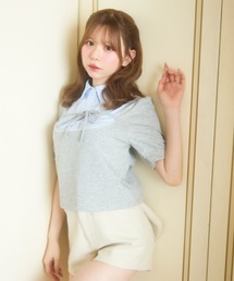 ストライプシャツドッキングトップス半袖